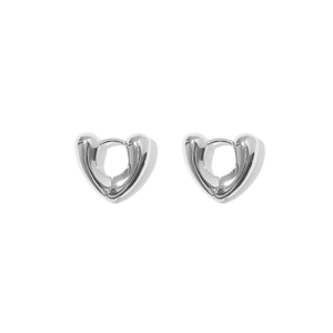 Minimalist silver heart hoop earrings with polished mirror finish and secure buckle closure