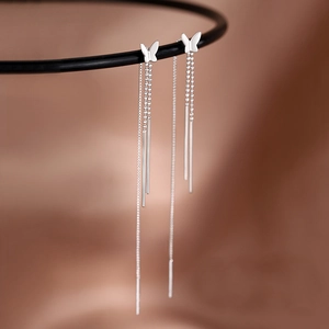Elegant S925 sterling silver butterfly tassel long thread earrings with polished finish