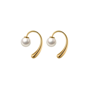 Minimalist gold curve pearl earrings with water drop metallic finish on white background