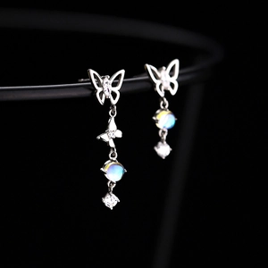 S925 silver asymmetric butterfly tassel earrings with moonstone and cubic zirconia gems