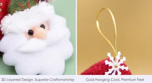 Detail of 3D Santa plush ornament with premium gold hanging rope and snowflake accents
