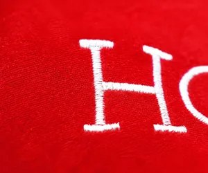Dettaglio macro del tessuto in velluto rosso con ricamo festivo bianco di pregio