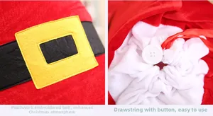 Dettaglio sacchetto regalo rosso di Natale con cintura ricamata e chiusura con coulisse