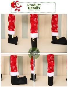 Detailed views of festive Christmas chair leg covers in elf boot style with snowflake patterns