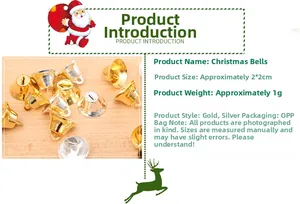Detailed view of 2x2cm gold and silver Christmas bells with dimension and weight specs