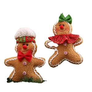 Brown teddy plush gingerbread man ornaments with hats and bows for Christmas tree decor