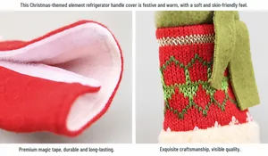 Detail of Christmas fridge handle cover showing velcro closure and knitted pattern fabric