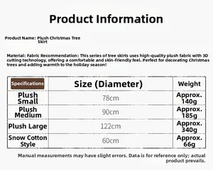 Size chart for faux fur Christmas tree skirts showing diameters from 60cm to 122cm