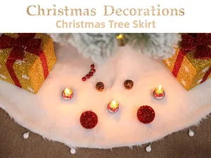 Detailed top view of white faux fur Christmas tree skirt with festive holiday ornaments
