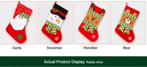 Detail view of 3D Christmas stockings featuring Santa, Snowman, Reindeer and Bear appliques