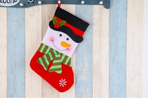 Detailed view of red Christmas stocking with snowman design and white snowflake embroidery
