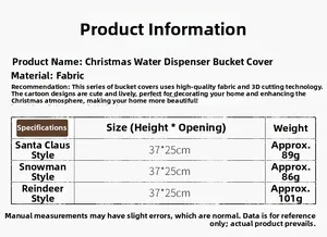 Detailed size chart for Christmas fabric water dispenser covers with Santa and Snowman styles