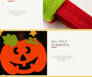Detail van vilten Halloween pompoen geschenktas met stoftextuur en geborduurd stiksel