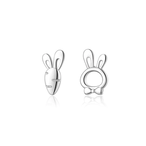 S925 sterling silver asymmetrical rabbit and carrot stud earrings for women in shiny silver