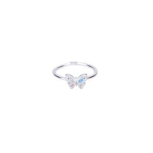 Minimalist silver butterfly ring with colorful cubic zirconia and open adjustable band