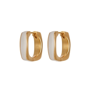 Modern white enamel rectangular gold hoop earrings with a minimalist geometric design