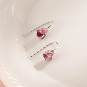 Sweet Pink Tulip Flower Drop Earrings Enamel Petals With 925 Sterling Silver Earring Post French Retro Jewelry For Women