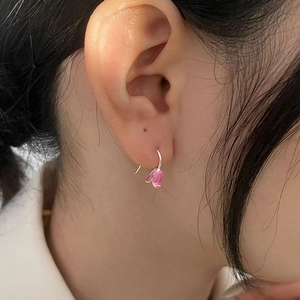 Pink tulip drop earrings for women with elegant floral design and silver metal hooks
