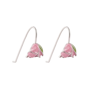 Elegant pink tulip enamel drop earrings with green leaf detail and silver hooks