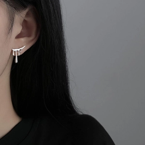 Macro shot of liquid lava drop earrings in silver on model showing modern minimalist style