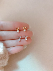 Cute bunny rabbit pearl earrings in gold and silver finish with sparkling zircon stones