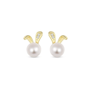 Cute bunny pearl earrings with gold metal rabbit ears and sparkling crystals for women