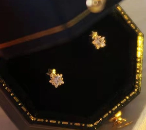 Vue macro de boucles d'oreilles étoile en argent S925 doré avec zircon en boîte à bijoux