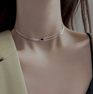 Double-layered S925 silver necklace with rectangular black gem pendant and cuban link