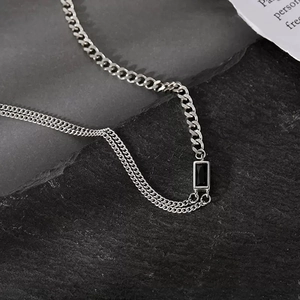 Asymmetric Double Layer Necklace Copper With Black Rectangle Gemstone Retro Hip Hop Clavicle Chain For Women Silver Plated