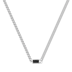 S925 silver double-layer necklace with square black gemstone and asymmetric curb chain
