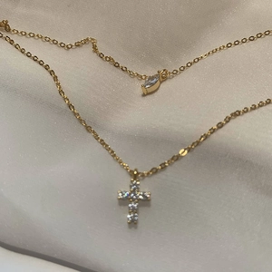 Minimalist S925 silver double layer necklace with gold cross and zircon marquise pendant