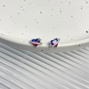 S925 silver heart stud earrings with blue purple gradient stone and zircon star accent