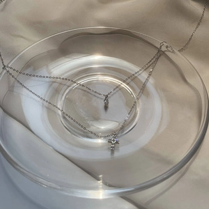 Detailed view of S925 silver double layer necklace with cross and teardrop pendants