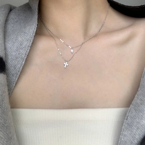 Double Layered Cross Pendant Necklace Copper Cubic Zirconia Marquise Waterdrop Charm Elegant Minimalist Jewelry For Women
