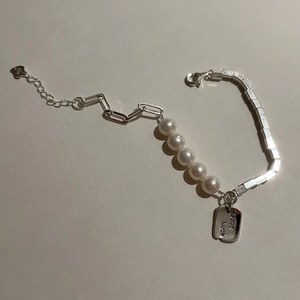 S925 silver pearl bracelet with Good Luck square tag and paperclip chain