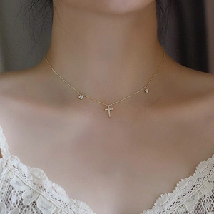 Cross Heart Star Pendant Necklace Copper Zircon Rhinestone Minimalist Clavicle Chain For Women Elegant Jewelry