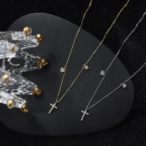 Minimalist S925 silver heart and cross necklace with sparkling stones in gold and silver