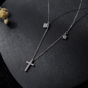S925 silver necklace with sparkling cross heart and star pendants on black leather