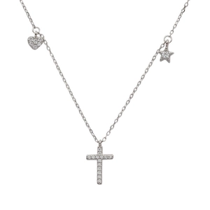 S925 silver necklace with sparkling heart, cross, and star pavé zircon pendants