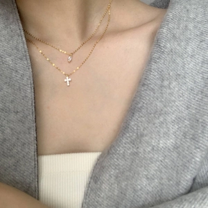Double-layered S925 silver necklace with marquise stone and zircon pavé cross pendant