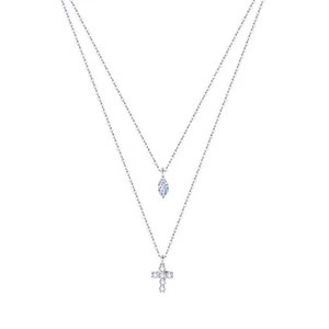 Double-layered S925 silver necklace with marquise zircon and a crystal cross pendant