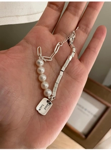 S925 Silver Pearl Bracelet with Good Luck charm and rectangular paperclip chain link