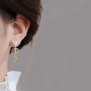 Asymmetric Heart Bowknot Dangle Earrings Mother Of Artificial Pearl Zircon Copper With 925 Sterling Silver Earring Post French Style