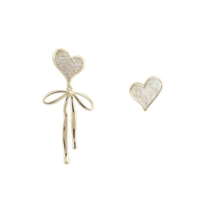 Asymmetric S925 silver heart drop earrings with bow and mother of pearl detail