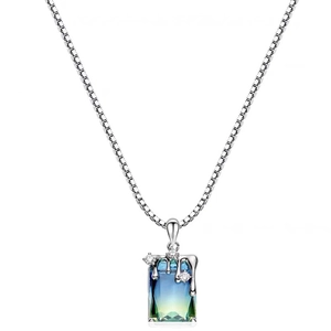 Collier moderne en argent S925 avec gemme rectangulaire dégradé sarcelle et goutte en métal