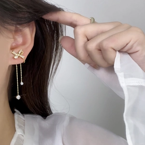 Schleife Quasten Ohrclip Kupfer Vergoldet Lange Kette Strass Zirkon Nicht Durchstochene Mückenspule Schmuck Für Damen
