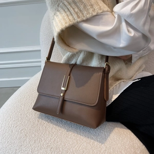 Detail of a dark brown matte leather crossbody bag with gold rectangular metal buckle