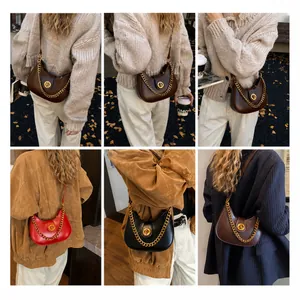 Collage of chic crescent chain shoulder bags shown on models in varied fashion outfits