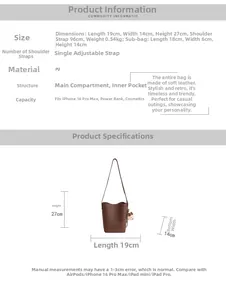 Size specifications for retro PU bucket bag including height 27cm and width 19cm dimensions