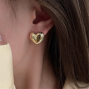 French 3D Heart Stud Earrings Polished Copper Minimalist Aesthetic Sweet Cool Design Jewelry For Women Girls